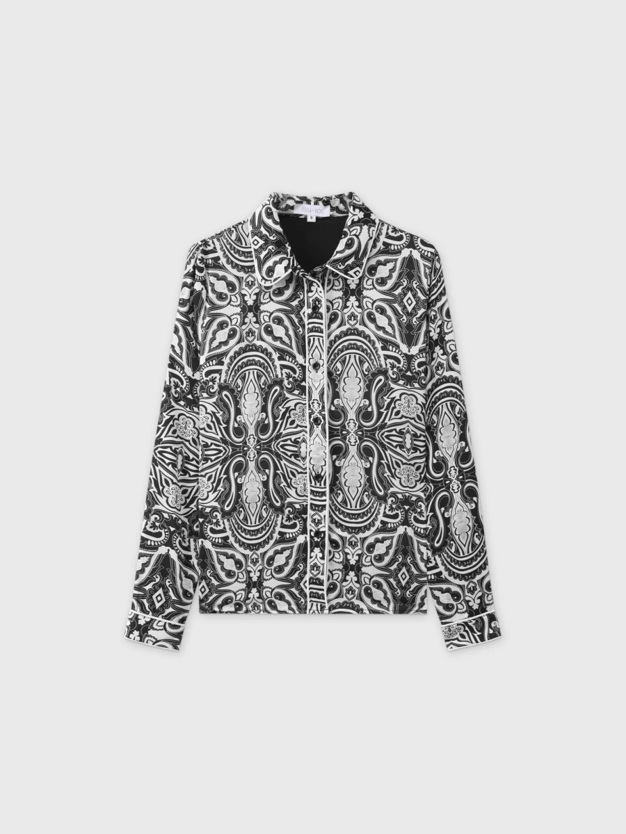 "STELLA & ROSE Women's Black & White Paisley Print Piped Blouse"
