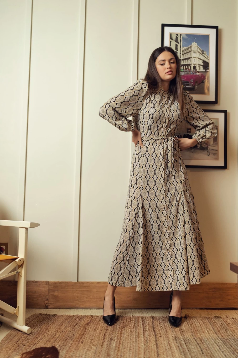 SOLEI Women's Princess Cut Shirtdress with Elegant Diamond Design - Stylish Casual Wear