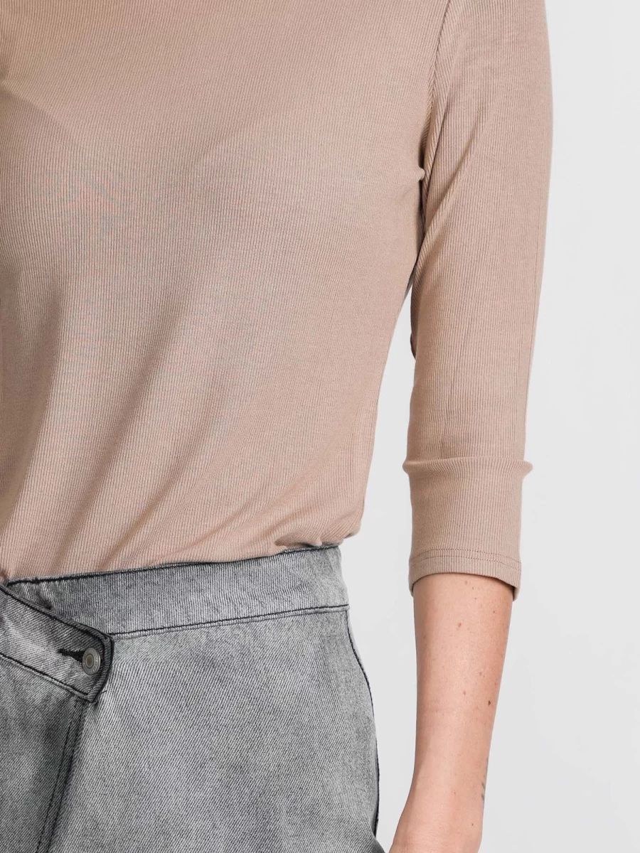 MELI Women's High V Ribbed Tee in Tan - Stretch Comfort Fit 3Q Sleeve Top