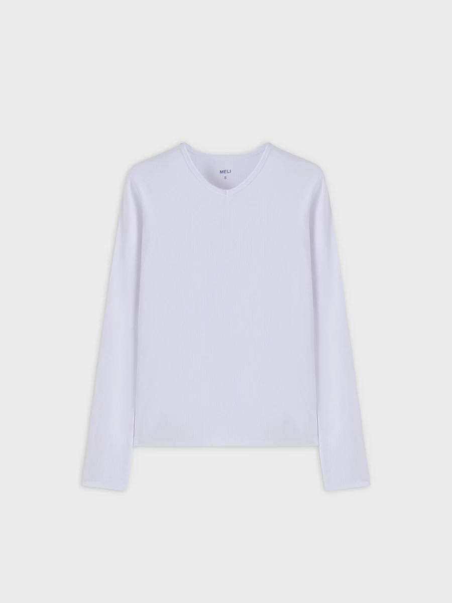 MELI Women's High V Neck Ribbed Long Sleeve Tee in White
