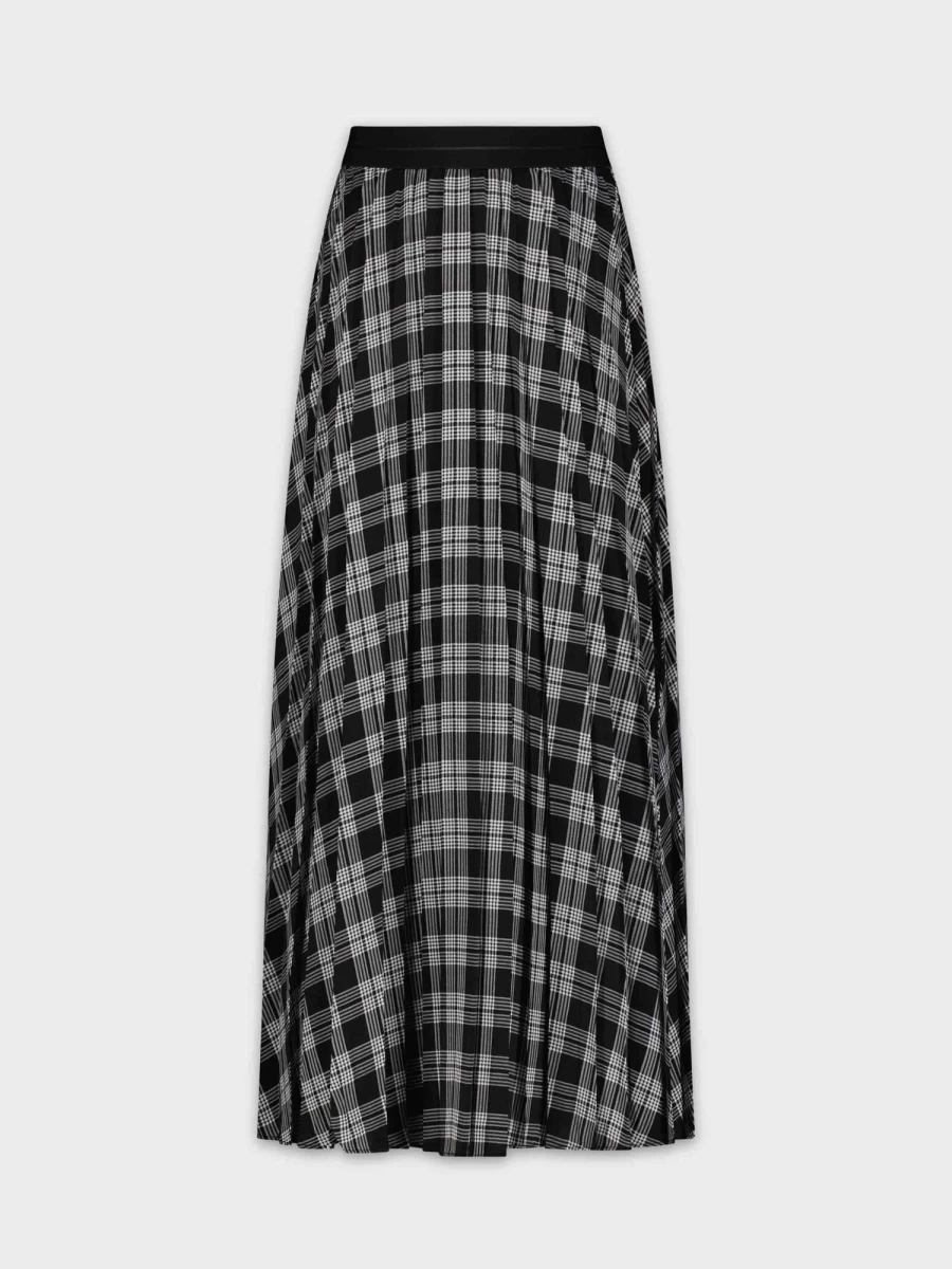 POSE Women's Printed Pleated Skirt 35 Inch Black White Plaid High Waist Flared Skirt