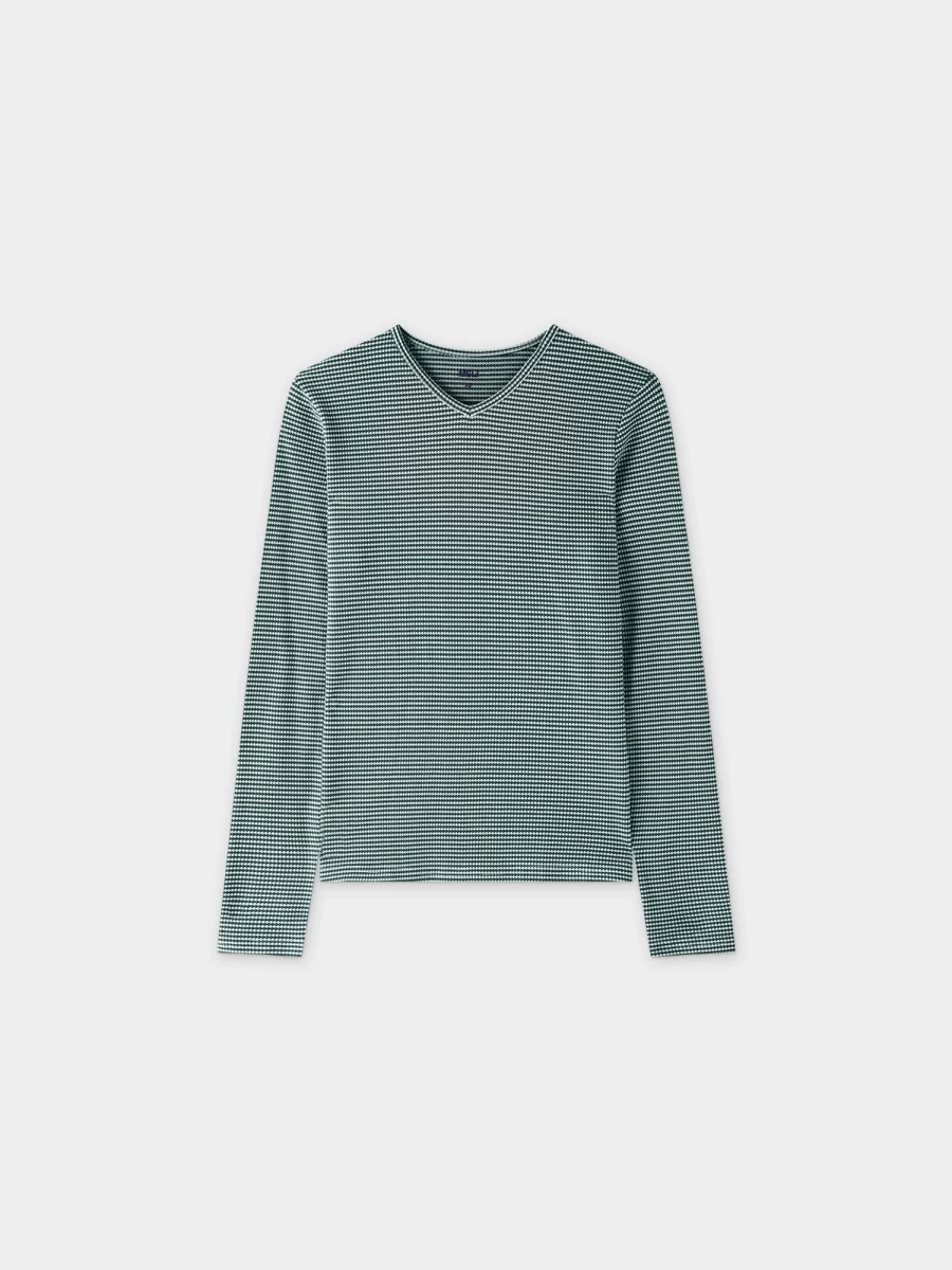 MELI Women's Waffle Striped High V-Neck Top in Green and White