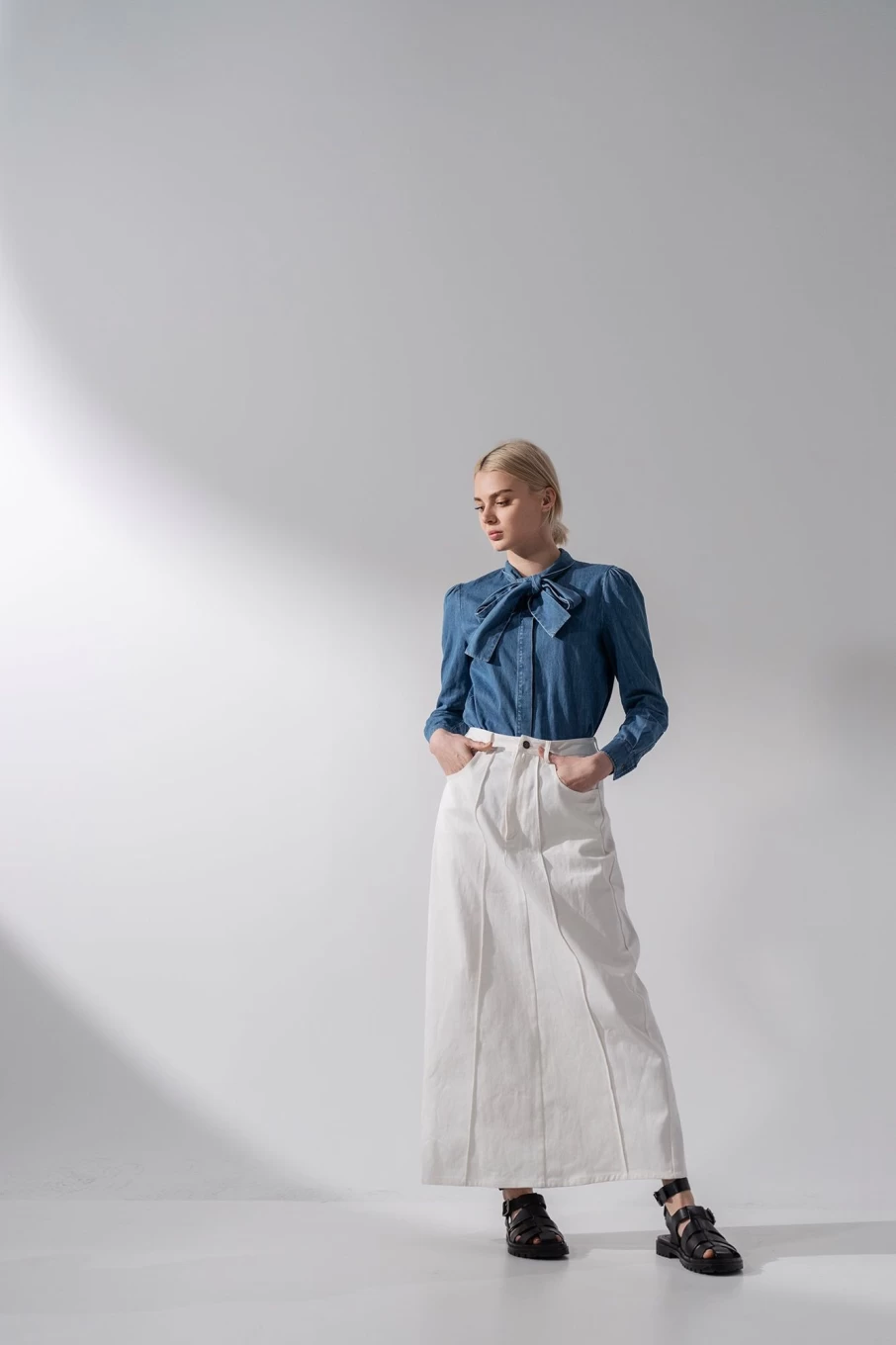 "Blue Meli Women's White Denim Seamed Skirt - High Waist A-Line Vintage Style"