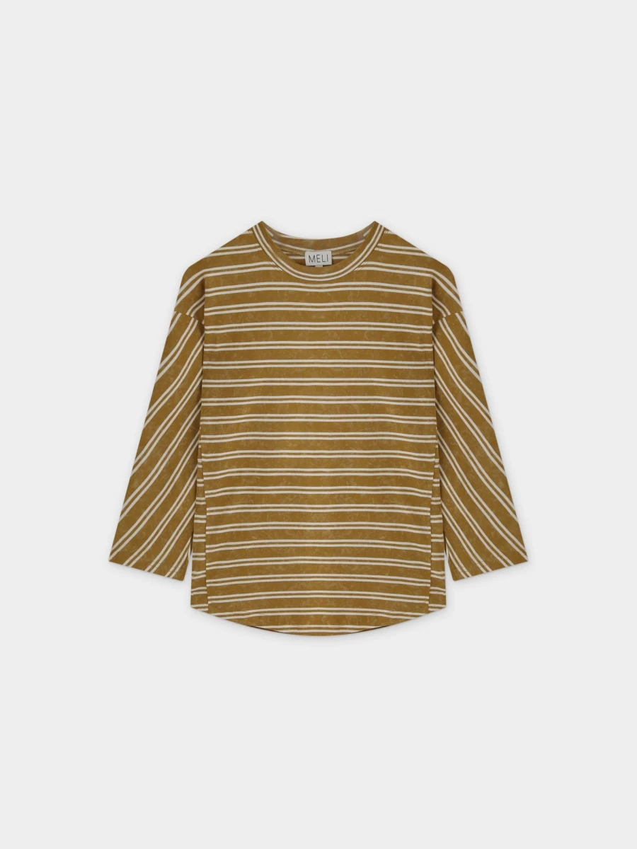 MELI Women's Washed Tan Striped Boxy T-Shirt - Casual Loose Fit Tee