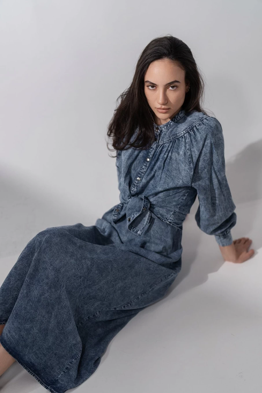 VAARA Women's Washed Blue Denim Gathered Top Blouse - Stylish & Comfortable