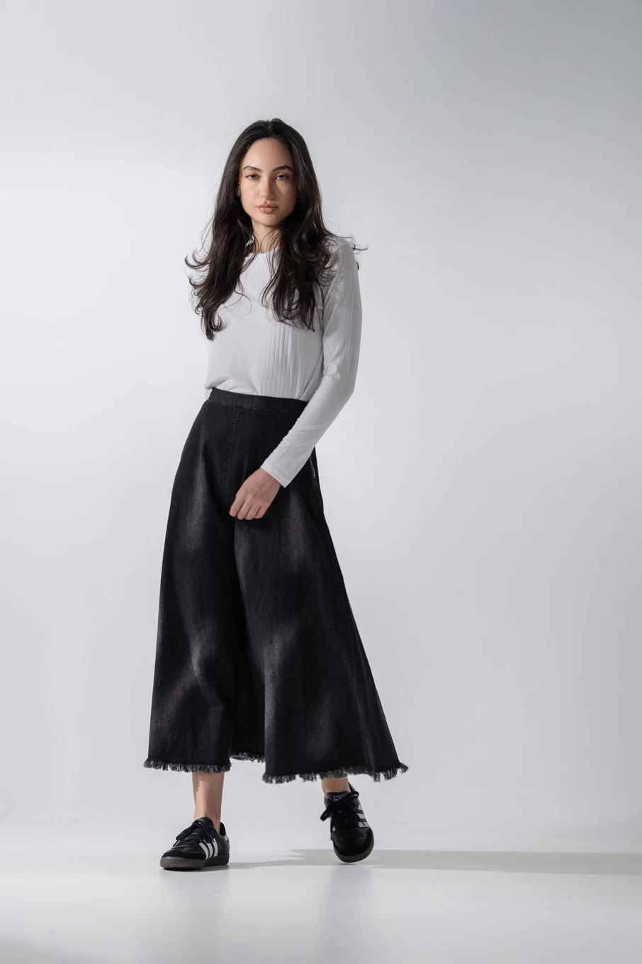 MELI Women's Washed Black Denim Skirt with Fringe Detail