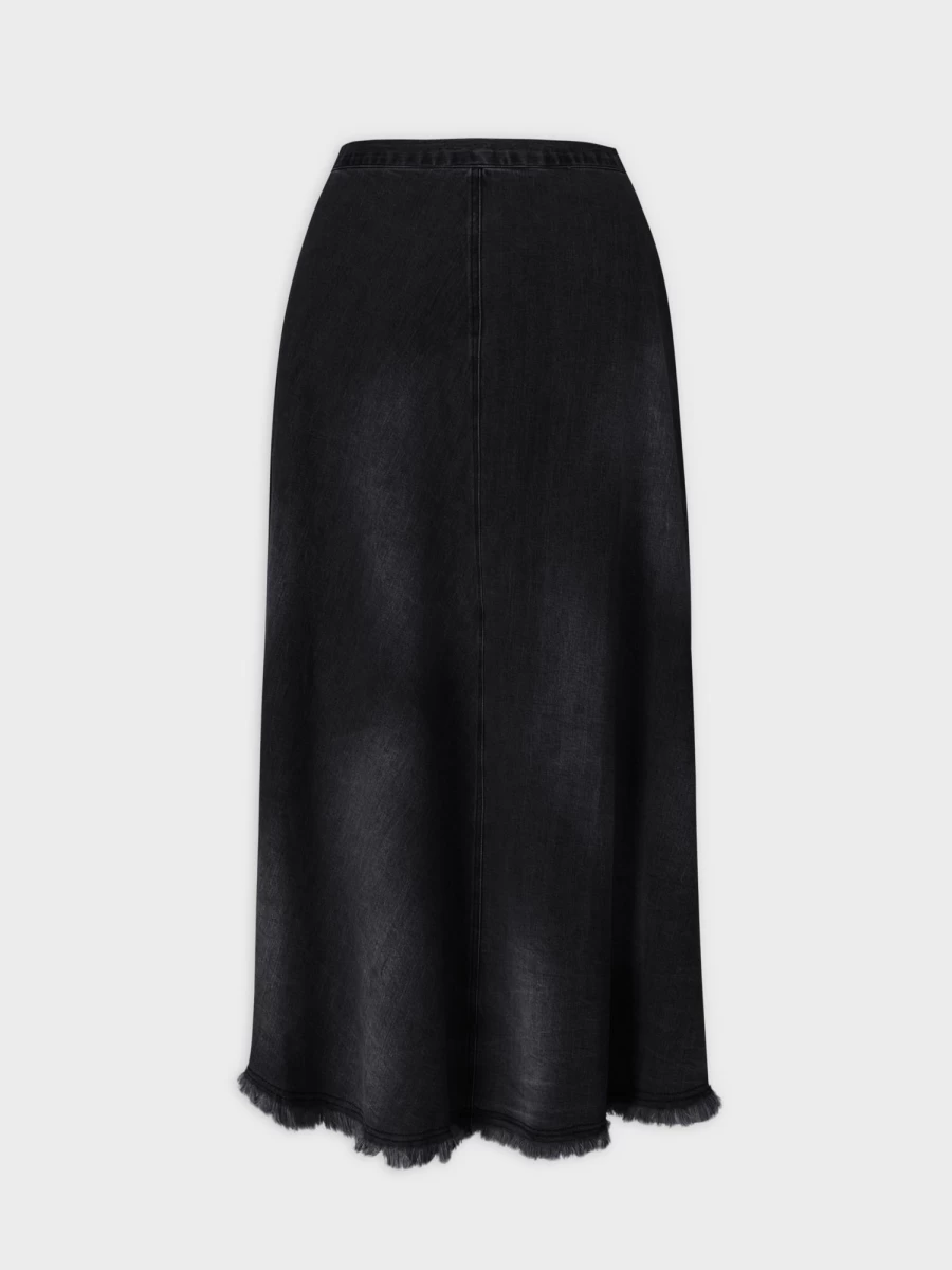 MELI Women's Washed Black Denim Skirt with Fringe Detail