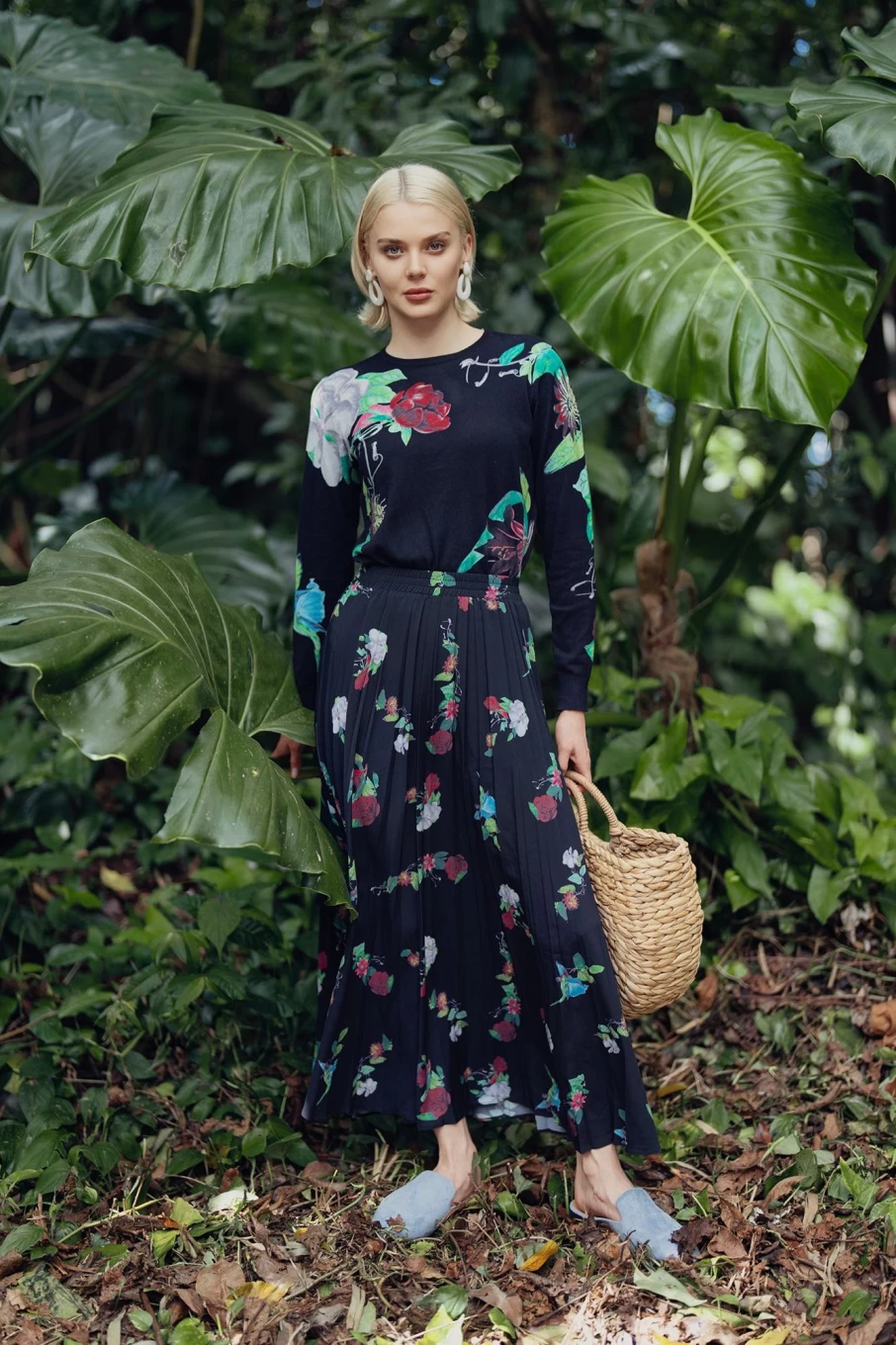 Pose Women's Floral Print Pleated Midi Skirt with Elastic Waistband - 37" Length