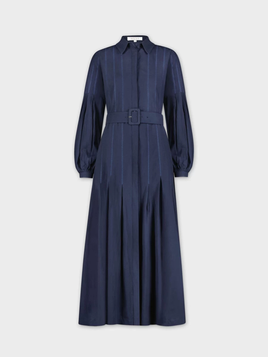 MEENA Women's Navy Blue Cross Stitch Pleated Midi Dress - Elegant Embroidery Detail