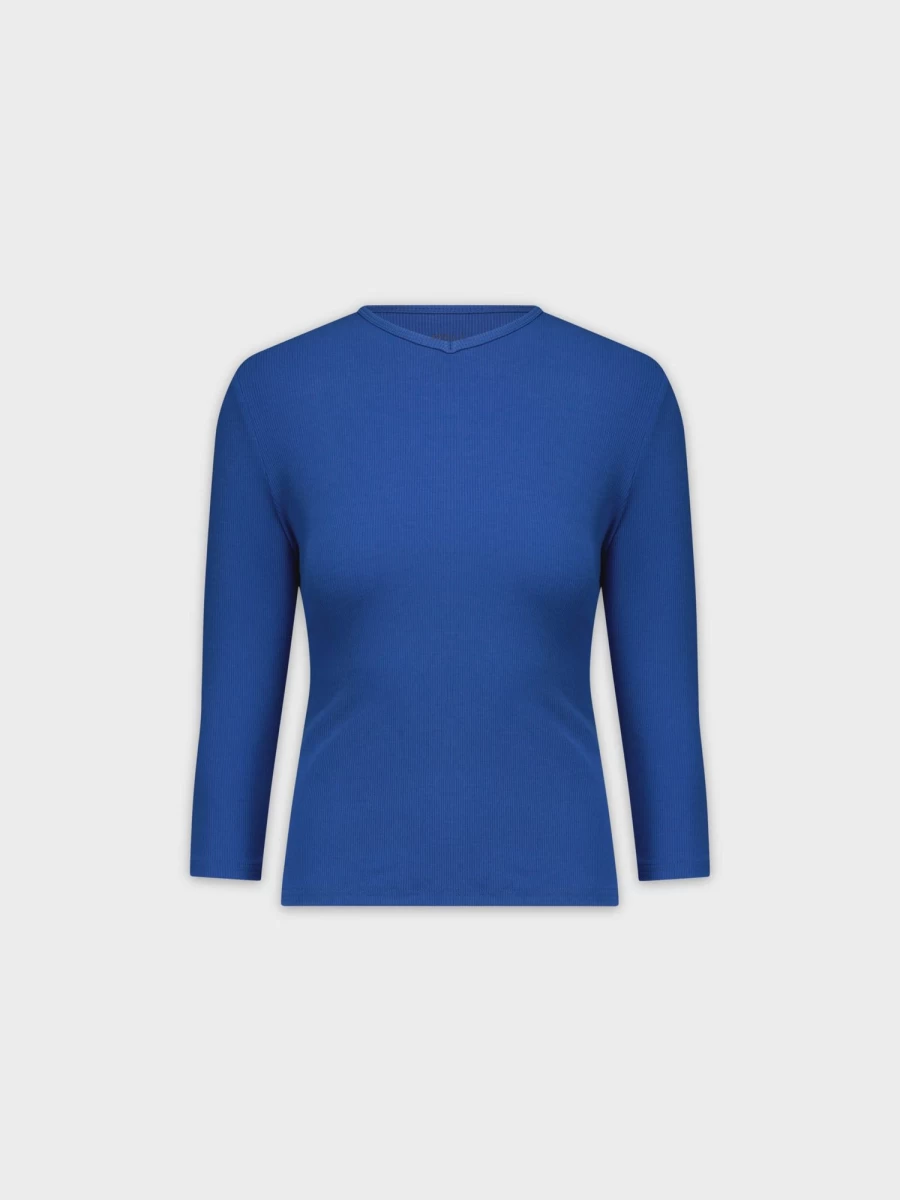 MELI Women's Ribbed High V-Neck 3/4 Sleeve Cobalt Blue Top