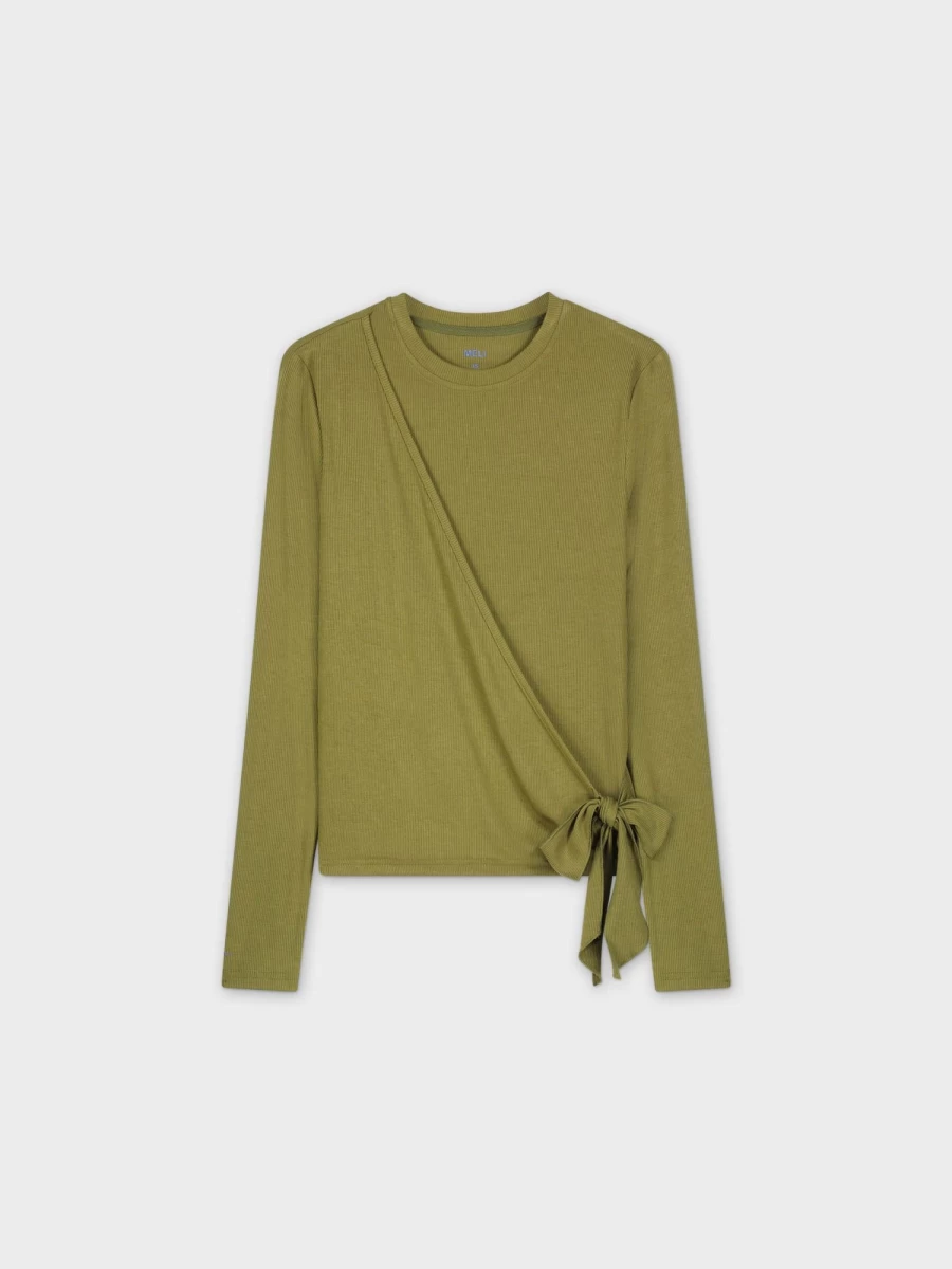 MELI Women's Olive Green Ribbed Wrap Tee - Soft Stretch Casual T-Shirt