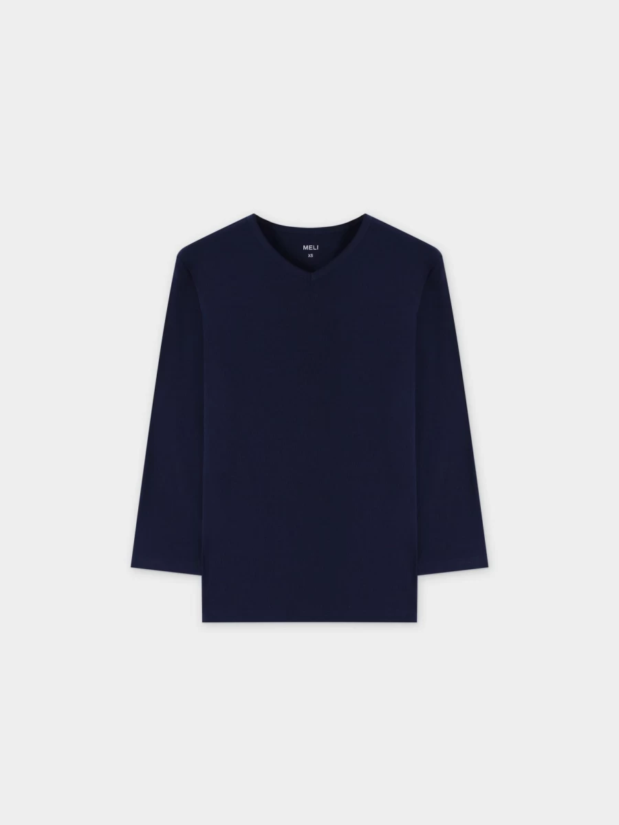 MELI Women's Ribbed High V-Neck 3/4 Sleeve Top in Navy Blue