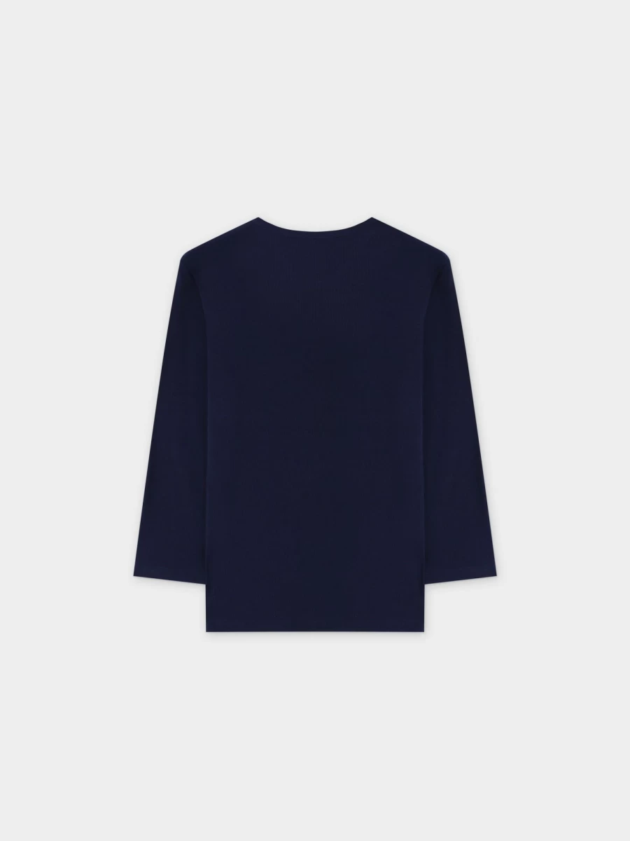 MELI Women's Ribbed High V-Neck 3/4 Sleeve Top in Navy Blue
