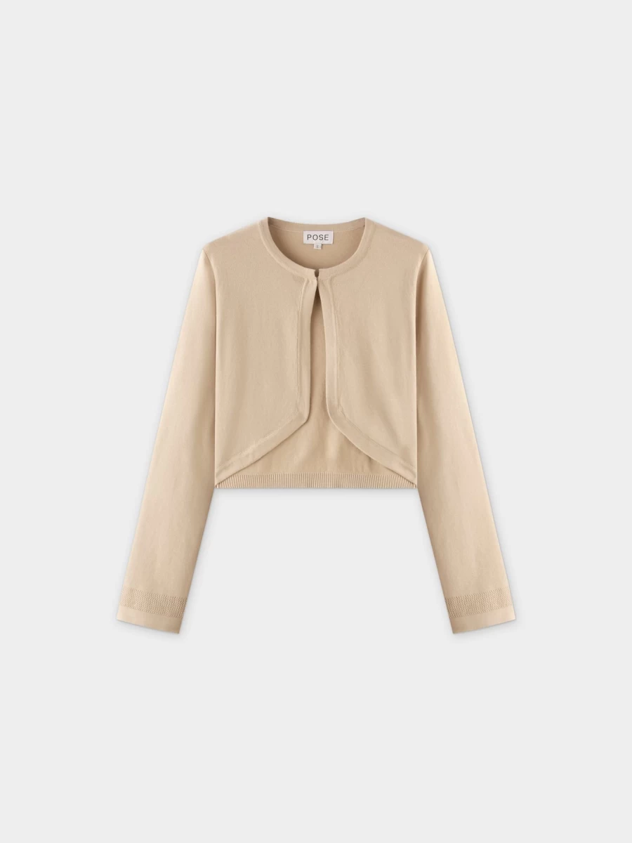 Pose Women's Tan Flat Ribbed Trim Shrug - Lightweight Knit Cardigan Cover-Up
