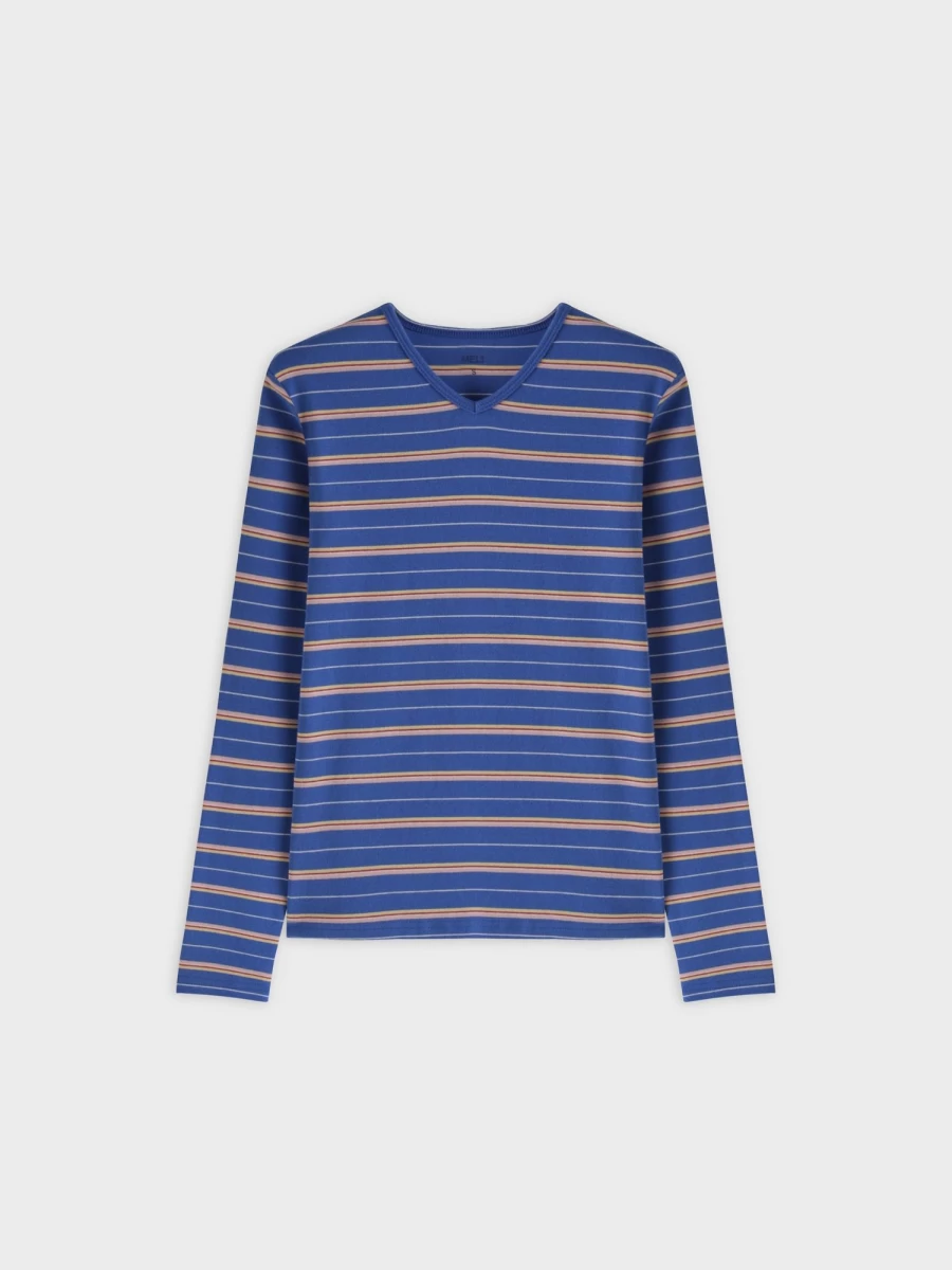MELI Women's Thin Stripe High V-Neck T-Shirt - Blue, Pink, White Slim Fit Casual Top