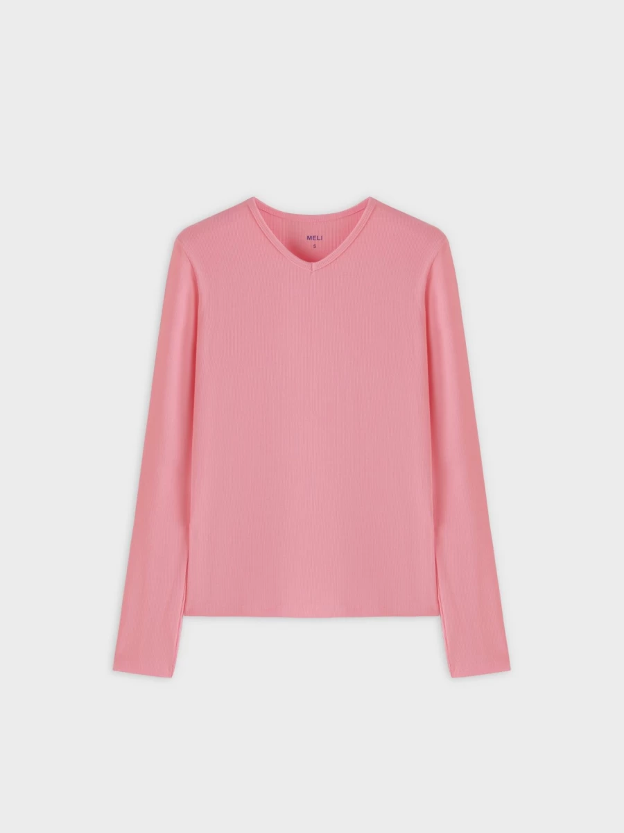 MELI Women's High V-Neck Ribbed Long Sleeve Tee in True Pink