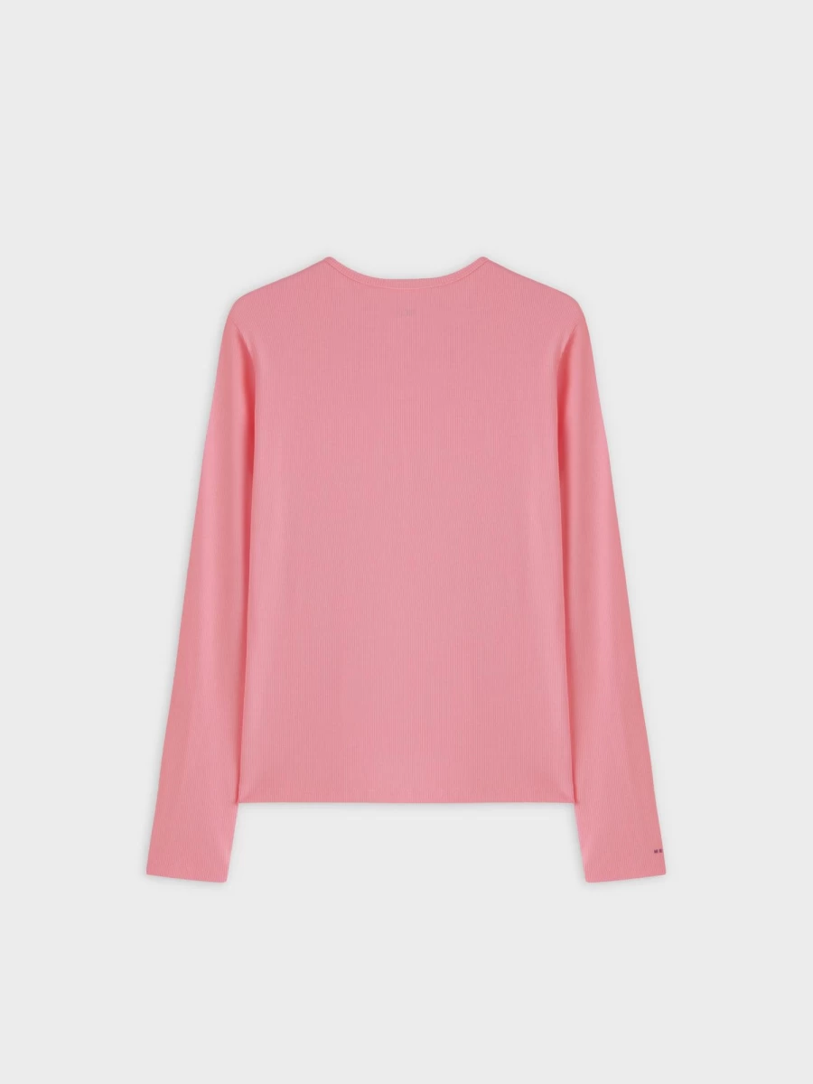 MELI Women's High V-Neck Ribbed Long Sleeve Tee in True Pink