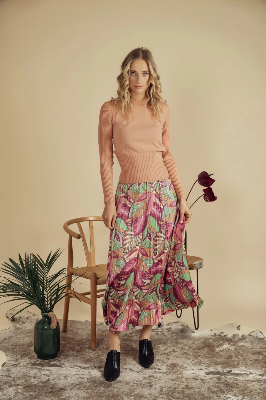 Pose Women's Pink Tropics Pleated Midi Skirt with Banded Hem - 37" Length