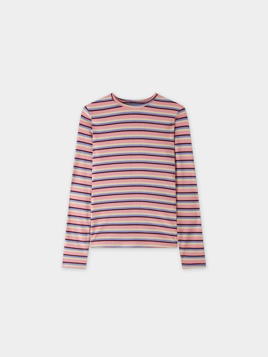 MELI Women's Striped Ribbed Crew Neck Sweater in Pink, Purple & Tan Colors