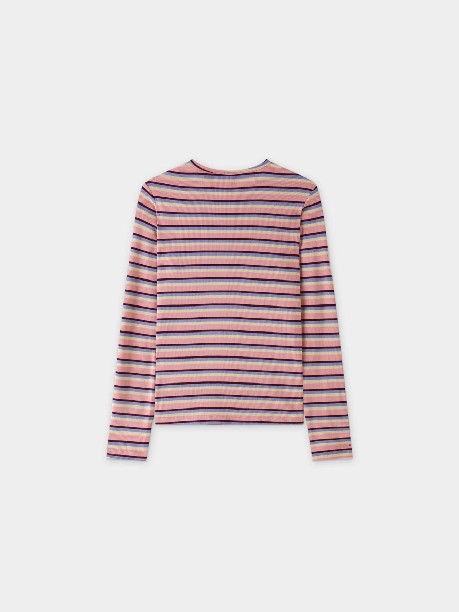 MELI Women's Striped Ribbed Crew Neck Sweater in Pink, Purple & Tan Colors