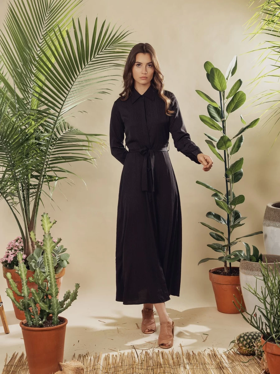 MEENA Women's Black Silk A-Line Shirtdress with Elegant Pattern