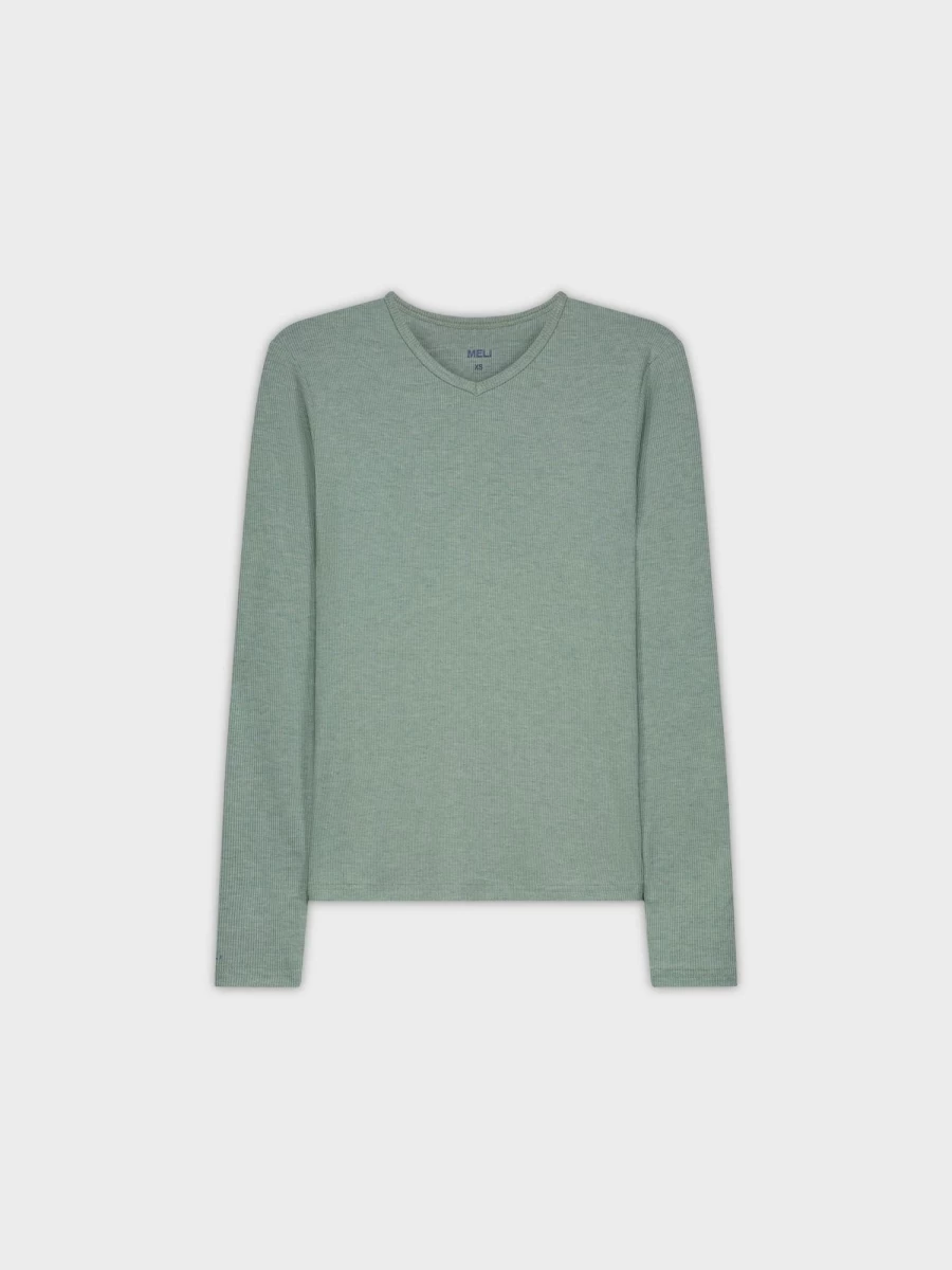 MELI Women's High V Ribbed Long Sleeve Tee - Heathered Green Casual Fit Stretch Top
