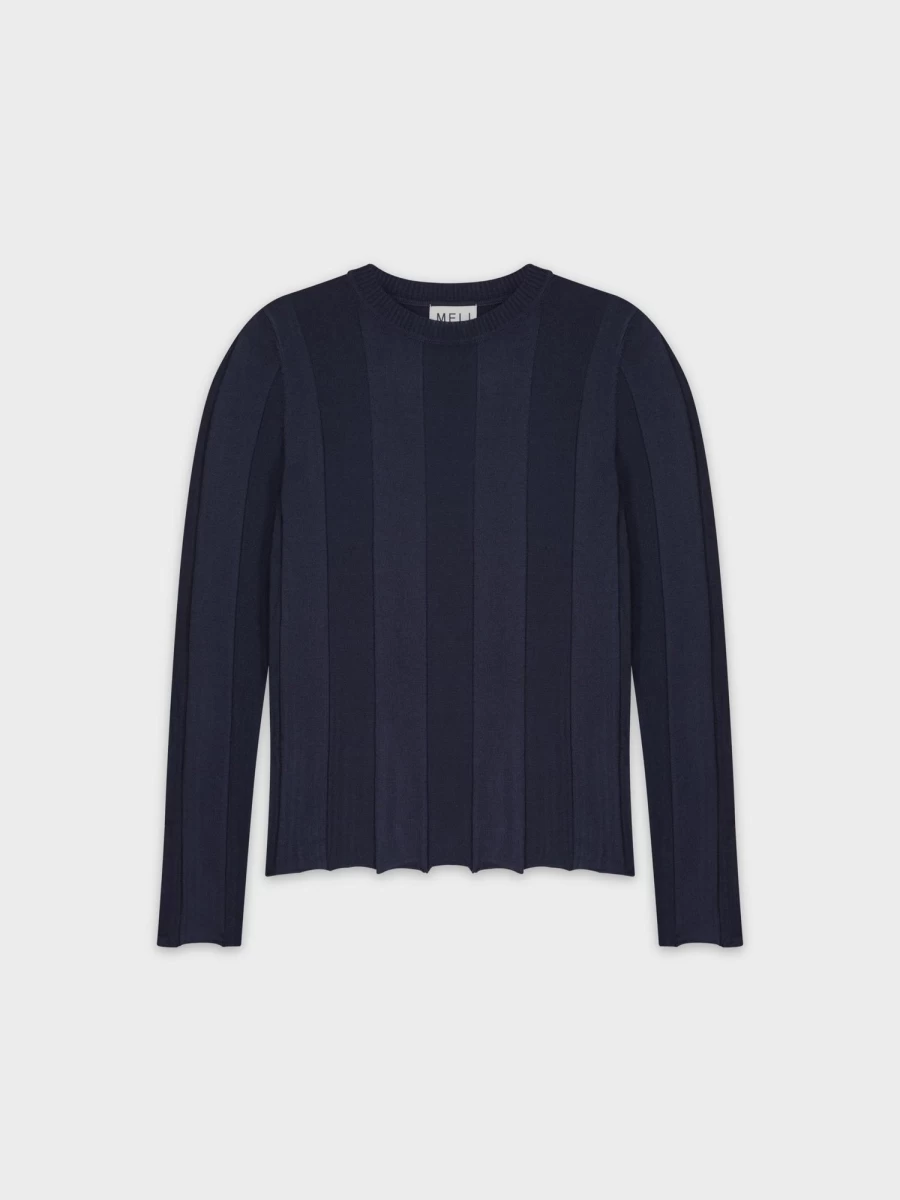 MELI Women's Navy Wide Ribbed Knit Sweater - Soft Casual Long Sleeve Pullover