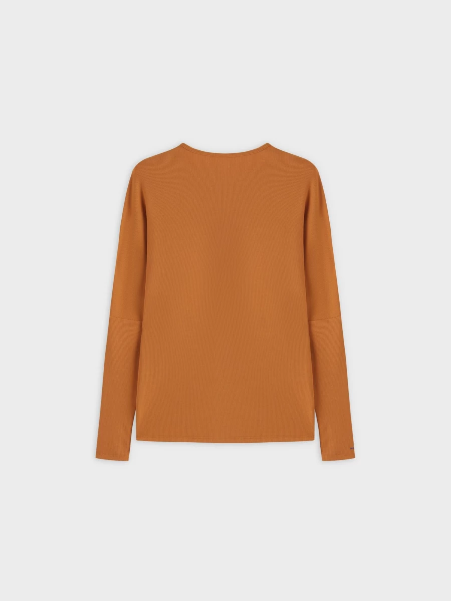MELI Women's Crew Neck Ribbed Dolman Sweater in Cognac - Soft Knit Long Sleeve Tunic Top