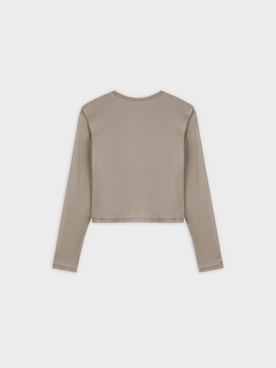 MELI Women's Cropped Basic T-Shirt Cardigan in Tan - Soft Comfortable Layering Piece