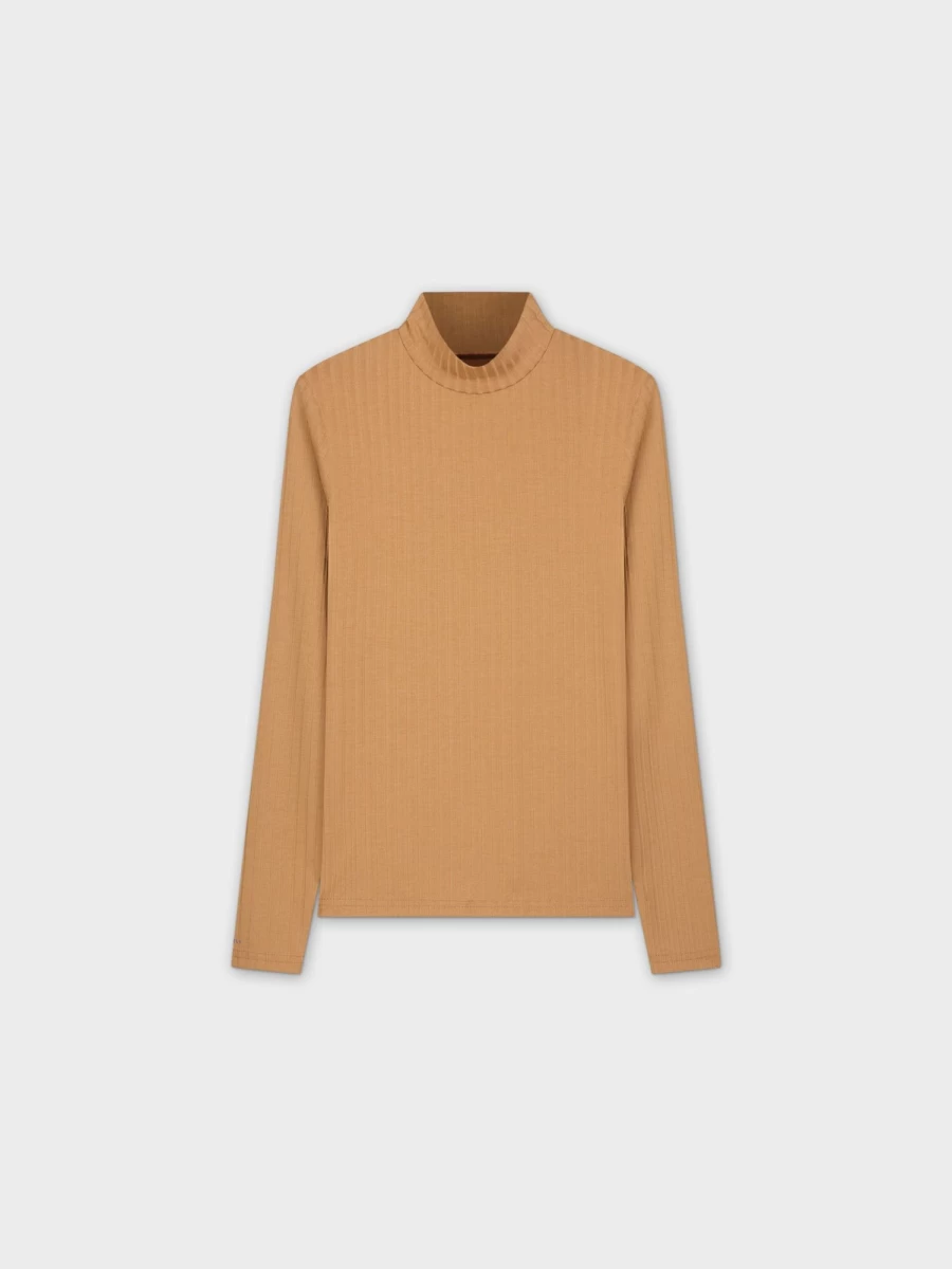 MELI Women's Ribbed Turtleneck Sweater - Sand Color Slim Fit Long Sleeve Knit Top