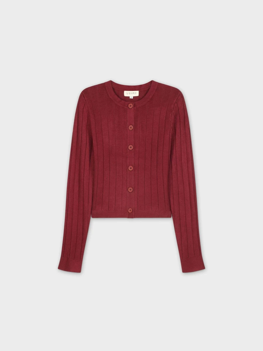 VAARA Women's Burgundy Cropped Ribbed Cardigan - Stylish Design
