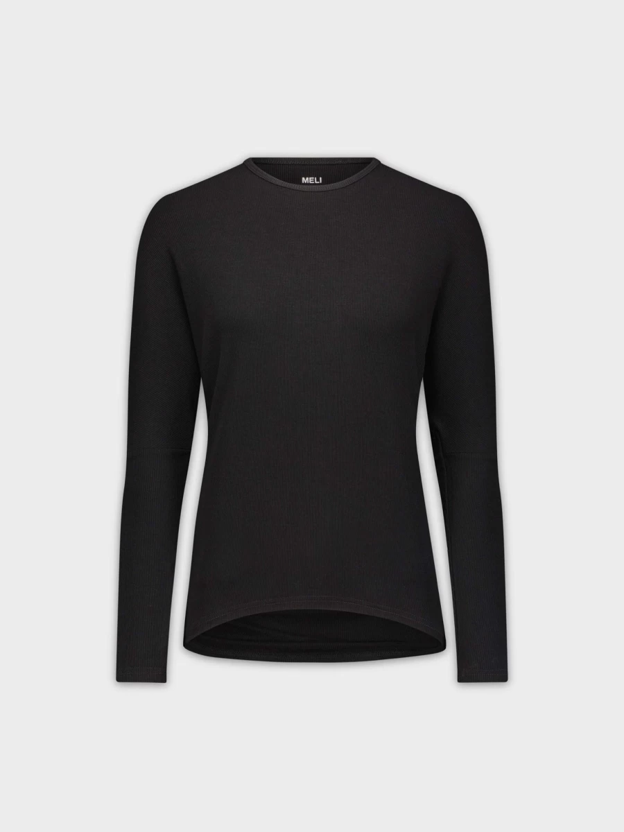 MELI Women's Black Ribbed Dolman Sleeve Crew Neck Top