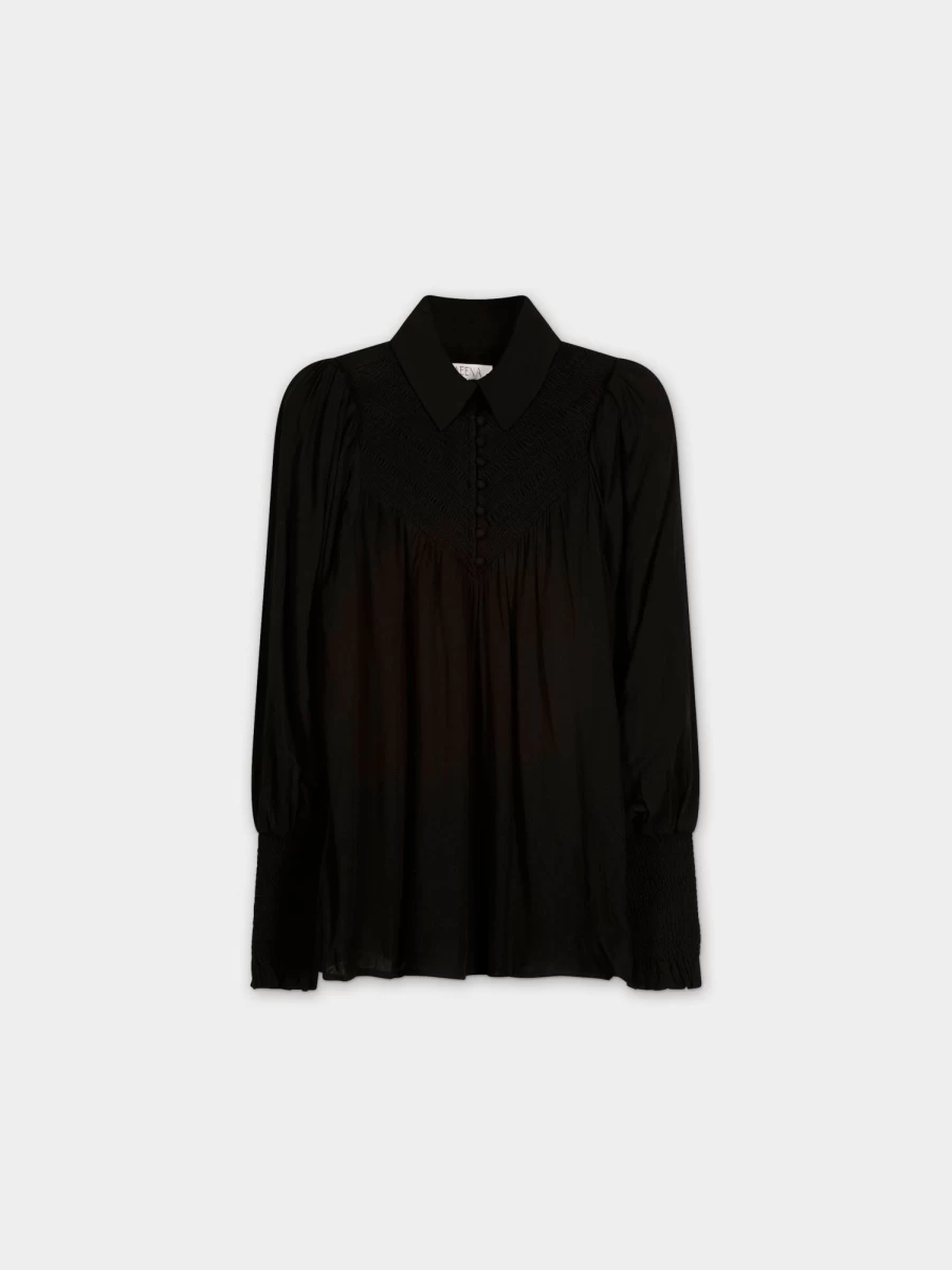 MEENA Women's Elegant Black Smocked Blouse - Stylish & Comfortable Top