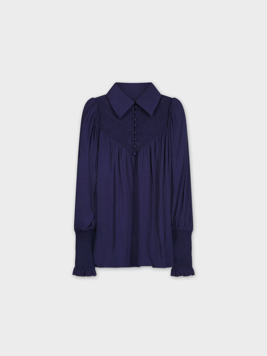 MEENA Women's Navy Smocked Blouse - Elegant Ruffled Top for Women