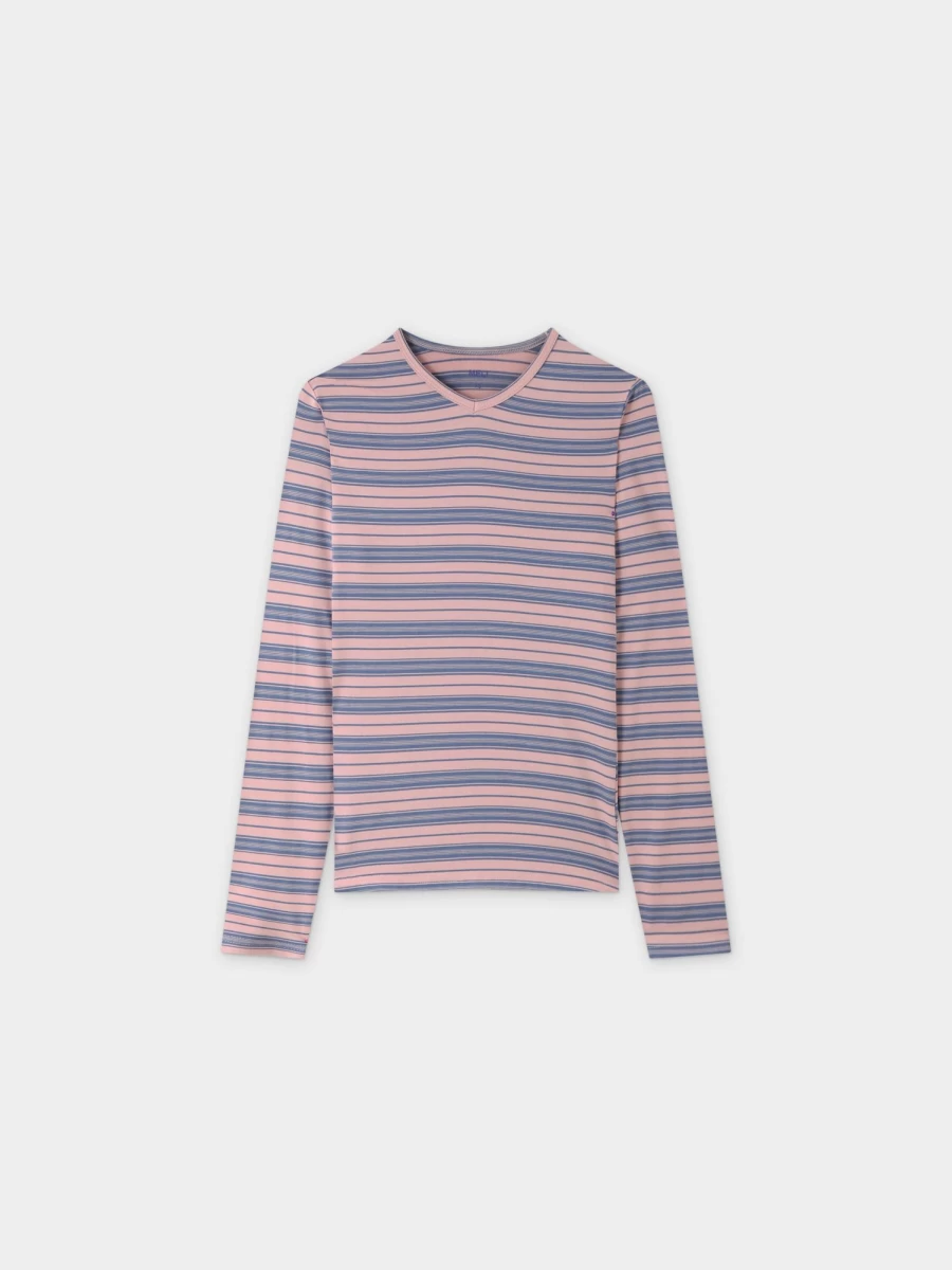 MELI Women's Double Stripe High V-Neck Top in Pink and Blue