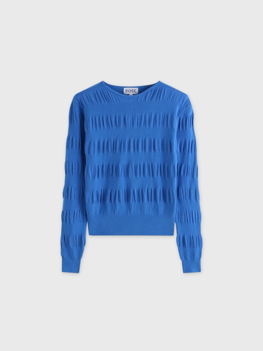Pose Women's Grecian Blue Ruched Sweater - Elegant Knit Top for Casual Wear