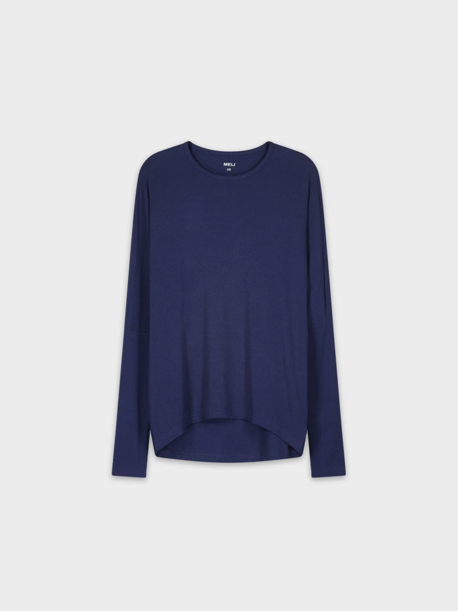 MELI Women's Navy Ribbed Dolman Sleeve Crew Neck T-Shirt