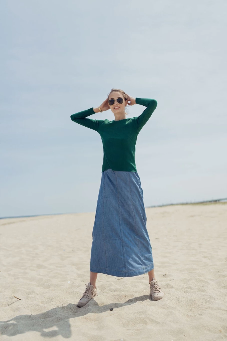 MELI Women's Blue Chambray Denim Skirt with Contrast Stitching