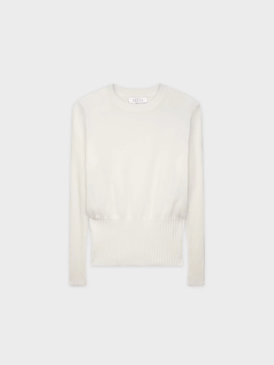 MEENA Women's White Ribbed Waist Detail Sweater - Elegant Knit Top