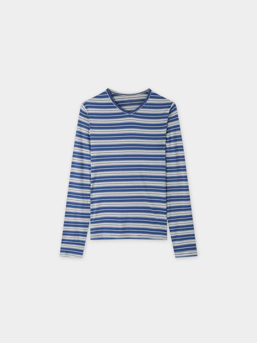 MELI Women's Double Stripe High V-Neck Blue and White T-Shirt