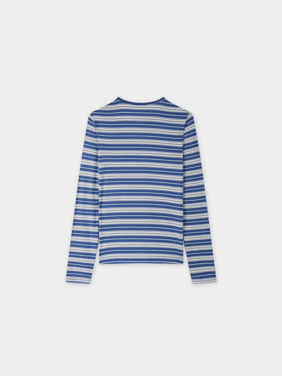 MELI Women's Double Stripe High V-Neck Blue and White T-Shirt