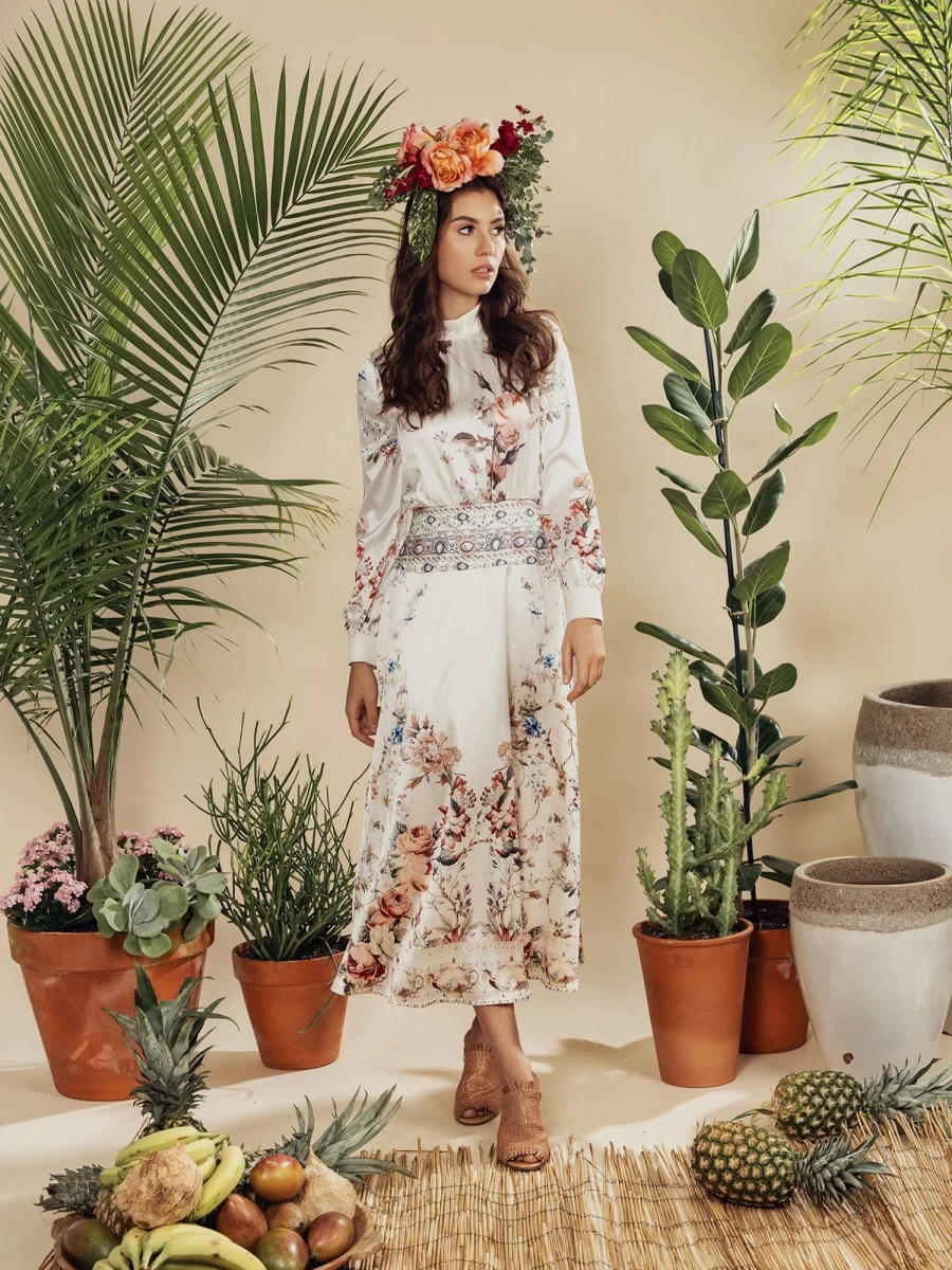 POSE Women's Ivory Floral Waisted Yolk Dress - Elegant Feminine Style