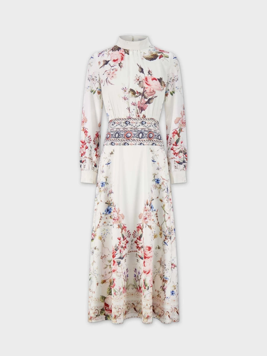 POSE Women's Ivory Floral Waisted Yolk Dress - Elegant Feminine Style