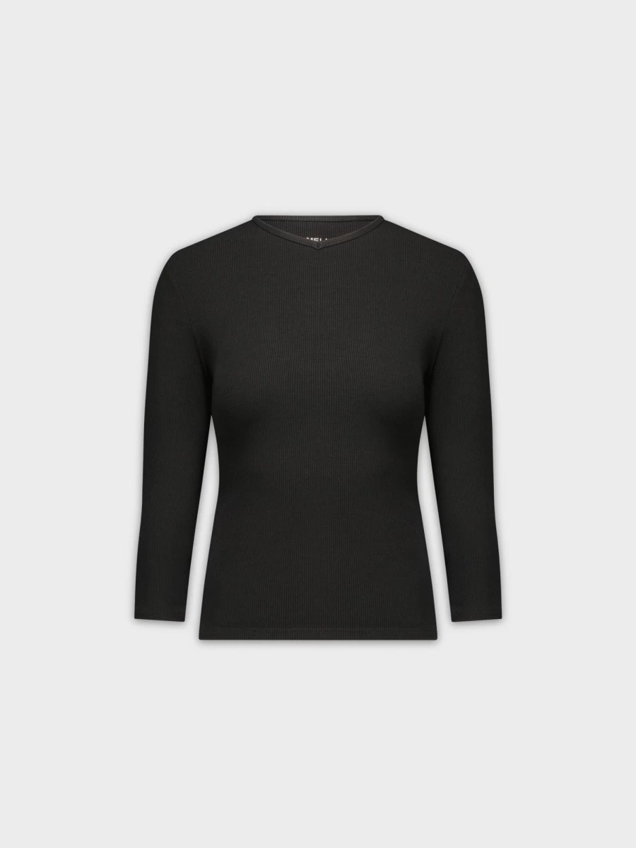 MELI Women's Ribbed High V-Neck 3/4 Sleeve T-Shirt - Black