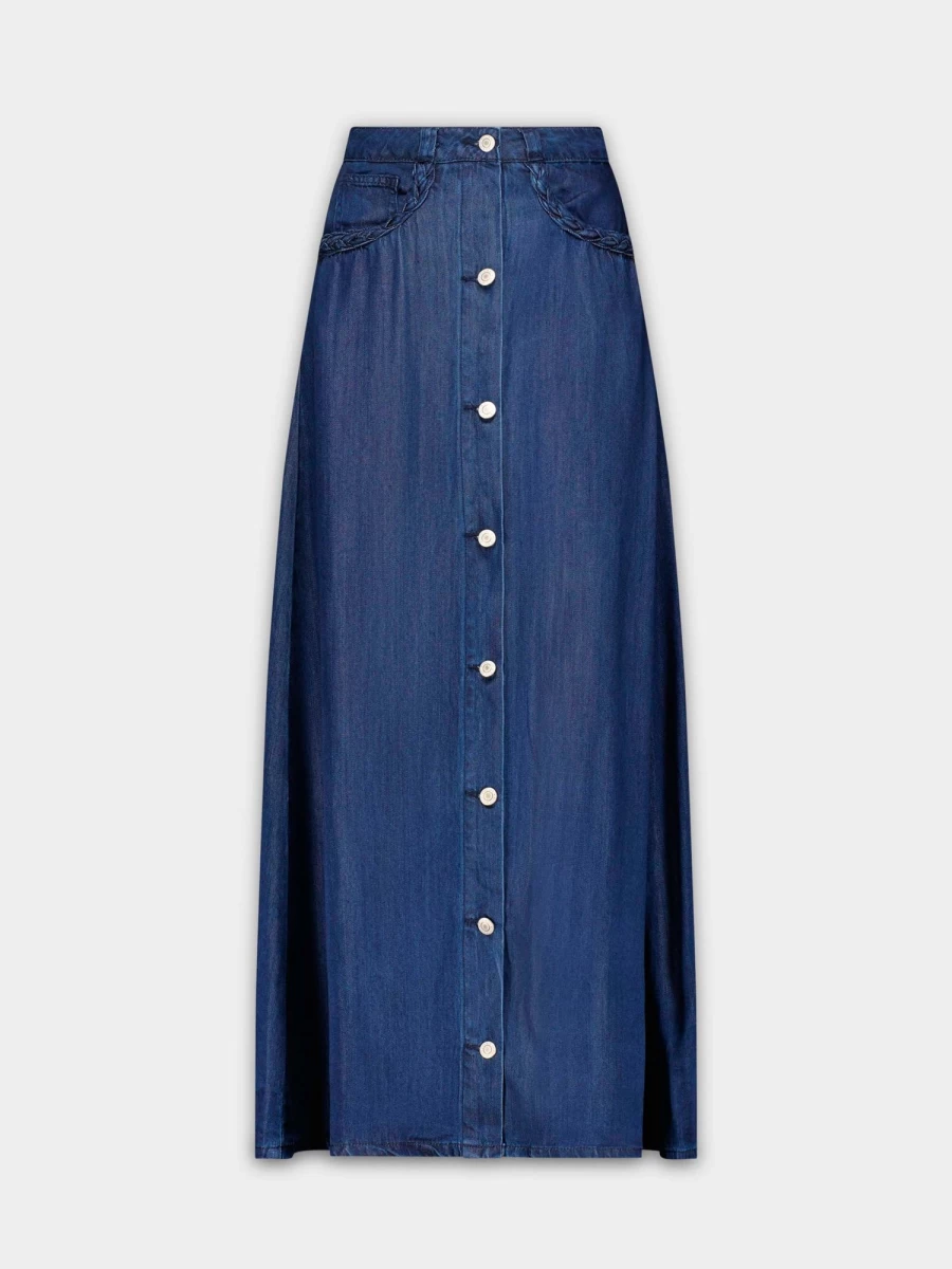 MELI Women's Dark Blue Braided Pocket Denim Skirt - High Waisted A-Line Mini Skirt