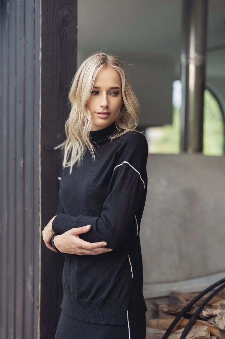 HAILEY Women's Black Side Stripe Turtleneck Sweater - Slim Fit Long Sleeve Pullover Top
