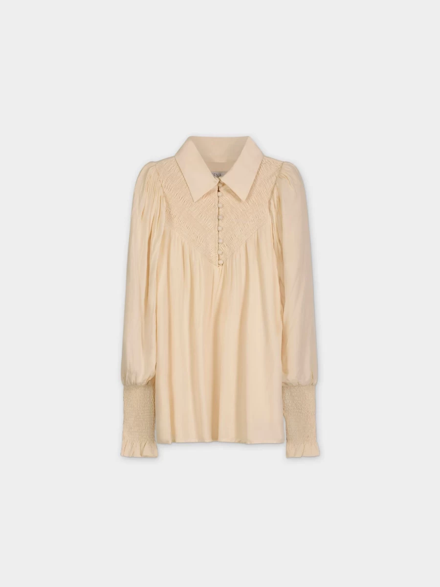 MEENA Women's Cream Smocked Blouse - Elegant Ruffled Top for Women