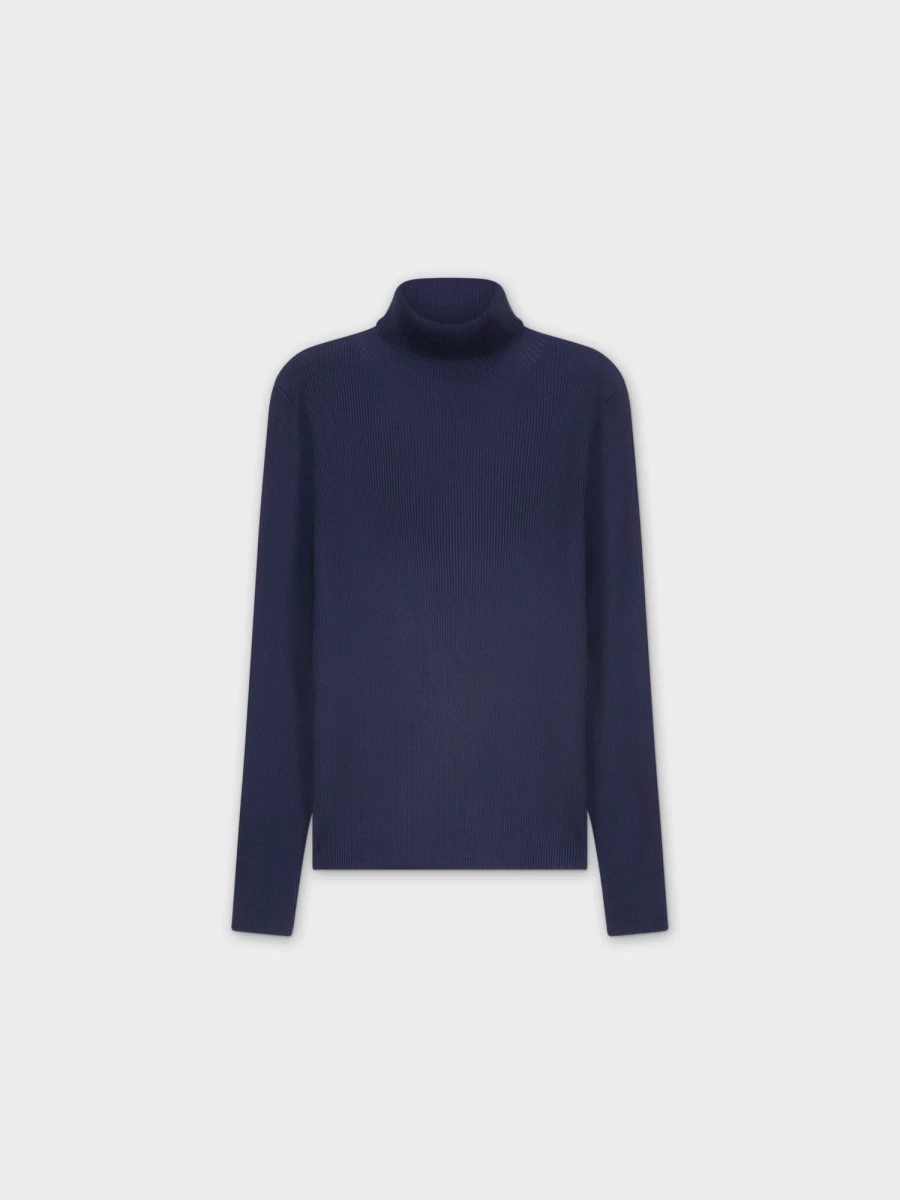 MELI Women's Knit Ribbed Turtleneck Sweater in Navy - Soft Winter Pullover Long Sleeve Top