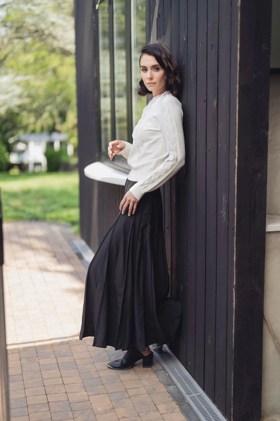Pose Women's Black Top Stitched Pleated Skirt - Elegant High Waist Flowy Midi Skirt