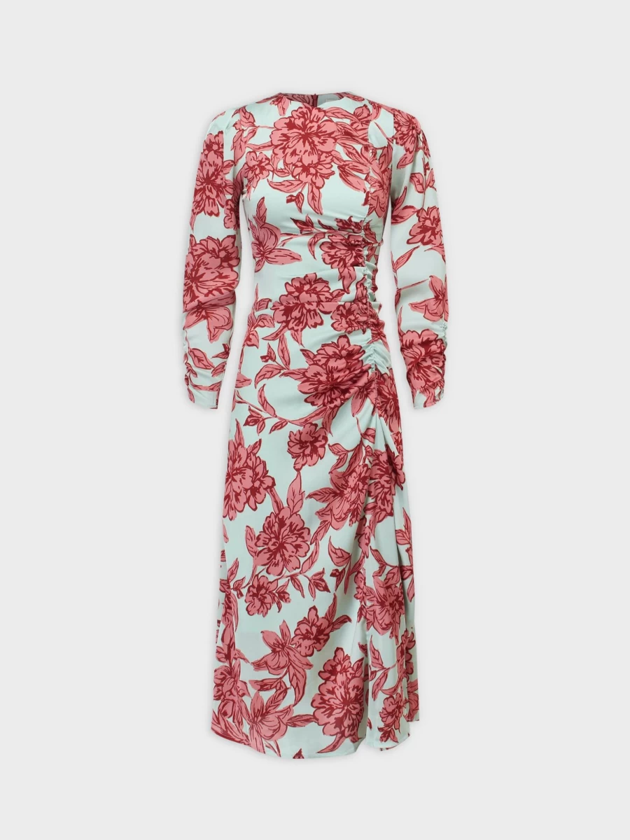 SOLEI Women's Pink Floral Side Shirred Dress - Flowy Summer Midi Dress with Elastic Detail